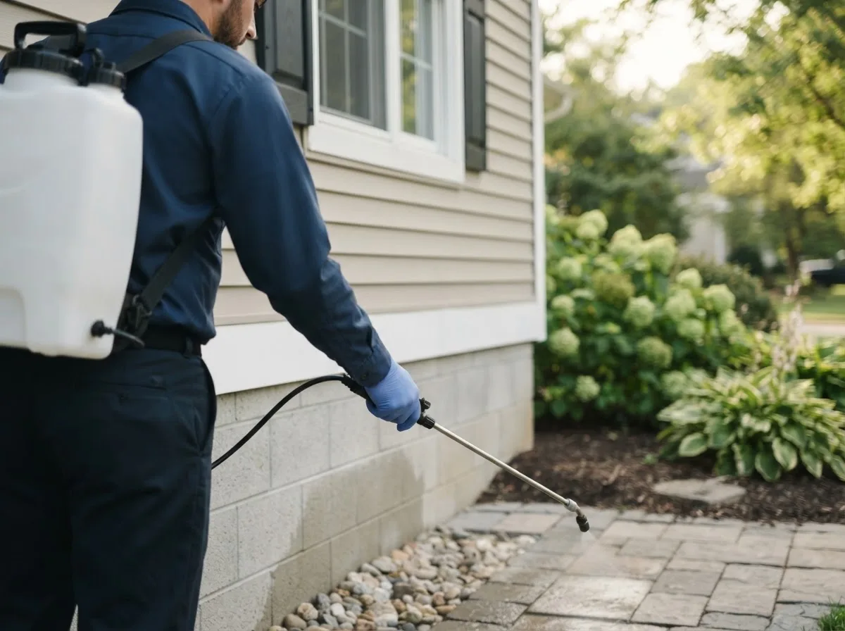 Pest control technician inspecting a home in Grassy Meadows, WV
